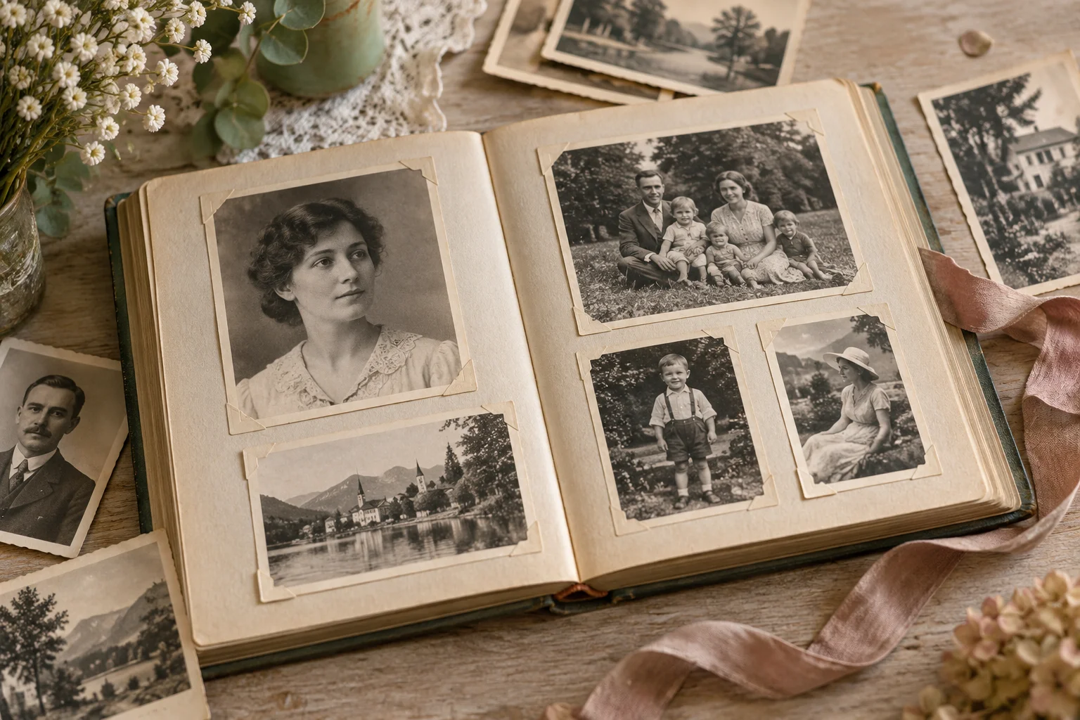 Album de famille ouvert, photographies anciennes et souvenirs