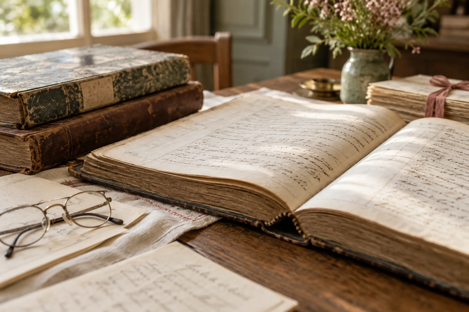 Registres anciens ouverts sur une table de recherche