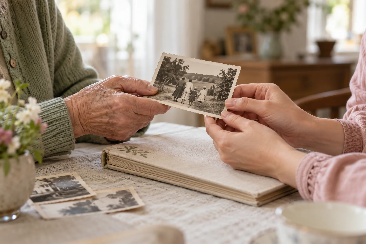 Deux générations partagent une photographie de famille